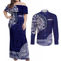 Samoa HRPP Couples Matching Off Shoulder Maxi Dress and Long Sleeve Button Shirt Samoan Motif Patterns LT9 Blue - Polynesian Pride