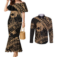 Ikaika Hawaiian Mythic Koa Tribal Warrior Couples Matching Mermaid Dress and Long Sleeve Button Shirt LT9 Gold - Polynesian Pride
