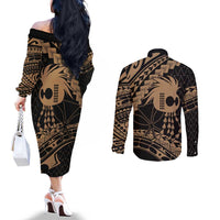 Ikaika Hawaiian Mythic Koa Tribal Warrior Couples Matching Off The Shoulder Long Sleeve Dress and Long Sleeve Button Shirt LT9 - Polynesian Pride