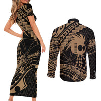 Ikaika Hawaiian Mythic Koa Tribal Warrior Couples Matching Short Sleeve Bodycon Dress and Long Sleeve Button Shirt LT9 - Polynesian Pride