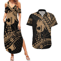 Ikaika Hawaiian Mythic Koa Tribal Warrior Couples Matching Summer Maxi Dress and Hawaiian Shirt LT9 Gold - Polynesian Pride