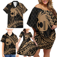 Ikaika Hawaiian Mythic Koa Tribal Warrior Family Matching Off Shoulder Short Dress and Hawaiian Shirt