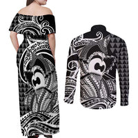 Koa Ikaika Warrior Helmet with Shark Couples Matching Off Shoulder Maxi Dress and Long Sleeve Button Shirt Black Kakau Style