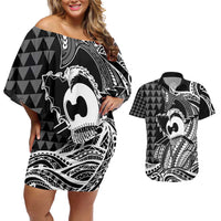 Koa Ikaika Warrior Helmet with Shark Couples Matching Off Shoulder Short Dress and Hawaiian Shirt Black Kakau Style LT9 Black - Polynesian Pride