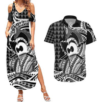 Koa Ikaika Warrior Helmet with Shark Couples Matching Summer Maxi Dress and Hawaiian Shirt Black Kakau Style LT9 Black - Polynesian Pride