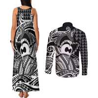 Koa Ikaika Warrior Helmet with Shark Couples Matching Tank Maxi Dress and Long Sleeve Button Shirt Black Kakau Style