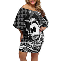 Koa Ikaika Warrior Helmet with Shark Family Matching Off Shoulder Short Dress and Hawaiian Shirt Black Kakau Style