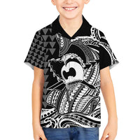 Koa Ikaika Warrior Helmet with Shark Family Matching Summer Maxi Dress and Hawaiian Shirt Black Kakau Style