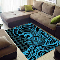 Koa Ikaika Warrior Helmet with Shark Area Rug Blue Kakau Style