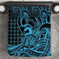 Koa Ikaika Warrior Helmet with Shark Bedding Set Blue Kakau Style