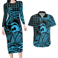 Koa Ikaika Warrior Helmet with Shark Couples Matching Long Sleeve Bodycon Dress and Hawaiian Shirt Blue Kakau Style LT9 Blue - Polynesian Pride
