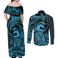 Koa Ikaika Warrior Helmet with Shark Couples Matching Off Shoulder Maxi Dress and Long Sleeve Button Shirt Blue Kakau Style
