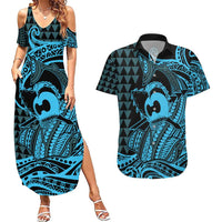 Koa Ikaika Warrior Helmet with Shark Couples Matching Summer Maxi Dress and Hawaiian Shirt Blue Kakau Style LT9 Blue - Polynesian Pride