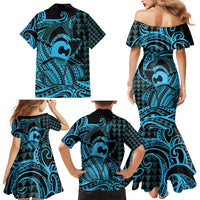 Koa Ikaika Warrior Helmet with Shark Family Matching Mermaid Dress and Hawaiian Shirt Blue Kakau Style
