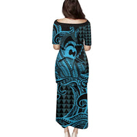 Koa Ikaika Warrior Helmet with Shark Family Matching Puletasi and Hawaiian Shirt Blue Kakau Style