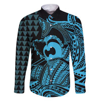 Koa Ikaika Warrior Helmet with Shark Family Matching Tank Maxi Dress and Hawaiian Shirt Blue Kakau Style