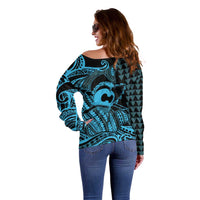 Koa Ikaika Warrior Helmet with Shark Off Shoulder Sweater Blue Kakau Style