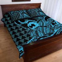Koa Ikaika Warrior Helmet with Shark Quilt Bed Set Blue Kakau Style