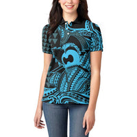 Koa Ikaika Warrior Helmet with Shark Women Polo Shirt Blue Kakau Style