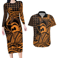 Koa Ikaika Warrior Helmet with Shark Couples Matching Long Sleeve Bodycon Dress and Hawaiian Shirt Gold Kakau Style LT9 Gold - Polynesian Pride