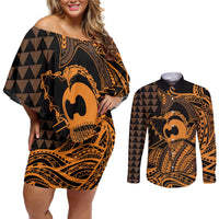 Koa Ikaika Warrior Helmet with Shark Couples Matching Off Shoulder Short Dress and Long Sleeve Button Shirt Gold Kakau Style