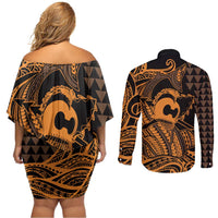 Koa Ikaika Warrior Helmet with Shark Couples Matching Off Shoulder Short Dress and Long Sleeve Button Shirt Gold Kakau Style