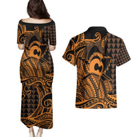 Koa Ikaika Warrior Helmet with Shark Couples Matching Puletasi and Hawaiian Shirt Gold Kakau Style LT9 - Polynesian Pride