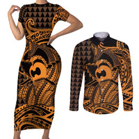 Koa Ikaika Warrior Helmet with Shark Couples Matching Short Sleeve Bodycon Dress and Long Sleeve Button Shirt Gold Kakau Style