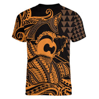 Koa Ikaika Warrior Helmet with Shark Women V-Neck T-Shirt Gold Kakau Style LT9 - Polynesian Pride