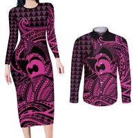 Koa Ikaika Warrior Helmet with Shark Couples Matching Long Sleeve Bodycon Dress and Long Sleeve Button Shirt Pink Kakau Style