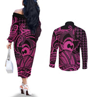 Koa Ikaika Warrior Helmet with Shark Couples Matching Off The Shoulder Long Sleeve Dress and Long Sleeve Button Shirt Pink Kakau Style