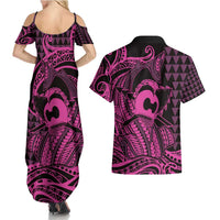 Koa Ikaika Warrior Helmet with Shark Couples Matching Summer Maxi Dress and Hawaiian Shirt Pink Kakau Style LT9 - Polynesian Pride
