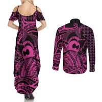 Koa Ikaika Warrior Helmet with Shark Couples Matching Summer Maxi Dress and Long Sleeve Button Shirt Pink Kakau Style