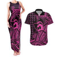 Koa Ikaika Warrior Helmet with Shark Couples Matching Tank Maxi Dress and Hawaiian Shirt Pink Kakau Style LT9 Pink - Polynesian Pride