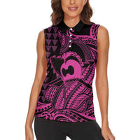 Koa Ikaika Warrior Helmet with Shark Women Sleeveless Polo Shirt Pink Kakau Style LT9 - Polynesian Pride