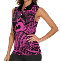 Koa Ikaika Warrior Helmet with Shark Women Sleeveless Polo Shirt Pink Kakau Style LT9 - Polynesian Pride