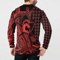 Koa Ikaika Warrior Helmet with Shark Button Sweatshirt Red Kakau Style LT9 - Polynesian Pride