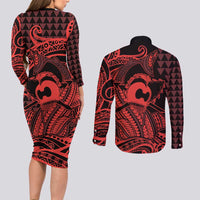 Koa Ikaika Warrior Helmet with Shark Couples Matching Long Sleeve Bodycon Dress and Long Sleeve Button Shirt Red Kakau Style