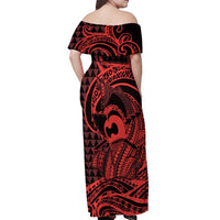 Koa Ikaika Warrior Helmet with Shark Off Shoulder Maxi Dress Red Kakau Style