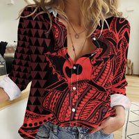 Koa Ikaika Warrior Helmet with Shark Women Casual Shirt Red Kakau Style