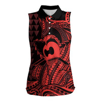 Koa Ikaika Warrior Helmet with Shark Women Sleeveless Polo Shirt Red Kakau Style LT9 Female Red - Polynesian Pride