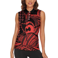 Koa Ikaika Warrior Helmet with Shark Women Sleeveless Polo Shirt Red Kakau Style LT9 - Polynesian Pride