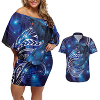 North Island Kokako and South Island Kokako Couples Matching Off Shoulder Short Dress and Hawaiian Shirt New Zealand Native Bird with Galaxy Vibe