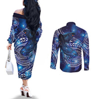 North Island Kokako and South Island Kokako Couples Matching Off The Shoulder Long Sleeve Dress and Long Sleeve Button Shirt New Zealand Native Bird with Galaxy Vibe