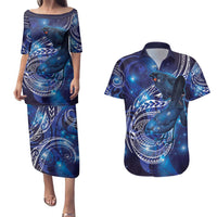 North Island Kokako and South Island Kokako Couples Matching Puletasi and Hawaiian Shirt New Zealand Native Bird with Galaxy Vibe