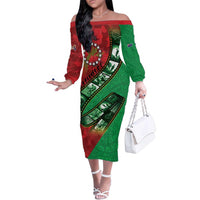 Personalised Cook Islands ANZAC 1915-2026 Filmstrip Family Matching Off The Shoulder Long Sleeve Dress and Hawaiian Shirt Lest We Forget 25 April LT9 Mom's Dress Green - Polynesian Pride
