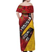 Personalised Niue ANZAC 1915-2026 Filmstrip Off Shoulder Maxi Dress Lest We Forget 25 April LT9 - Polynesian Pride