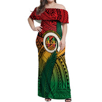 Personalised Vanuatu Yumi 44th Indipendens Dei Off Shoulder Maxi Dress Vanuatuan Broad Tusk with Polynesian Tribal LT9 Women Reggae - Polynesian Pride
