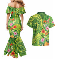 Polynesian Tribal Flower Tattoo Couples Matching Mermaid Dress and Hawaiian Shirt Special Lime Green Vibe