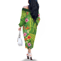 Polynesian Tribal Flower Tattoo Family Matching Off The Shoulder Long Sleeve Dress and Hawaiian Shirt Special Lime Green Vibe